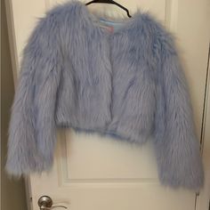 Akira Fur Coat Chic Light Blue Winter Outerwear, Blue Long Sleeve Outerwear For Spring, Spring Long Sleeve Blue Outerwear, Blue Long Sleeve Party Outerwear, Trendy Blue Outerwear For Parties, Trendy Blue Party Outerwear, Blue Outerwear For Fall Party, Chic Blue Party Outerwear, Blue Party Outerwear For Fall