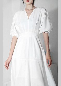 Comfy White V Neck Cotton Lantern sleeve Summer Dress - SooLinen Casual Brunch Dresses With Pleated Sleeves, Casual V-neck Midi Dress With Pleated Sleeves, Spring Dresses With Pleated Short Sleeves, Spring Pleated Half Sleeve Dress, Spring Half Sleeve Pleated Dress, White Long Sleeve Dress With Cuffed Sleeves, Spring Pleated Midi Dress With Half Sleeves, Spring Half Sleeve Pleated Midi Dress, White Spring Dress With Elastic Sleeves