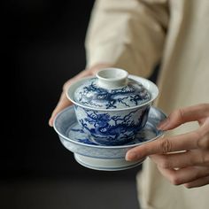 a person holding a blue and white dish