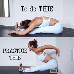 a woman doing yoga poses with the words to do this