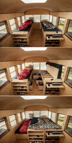 four images show the inside of a tiny house with multiple beds and drawers on each side