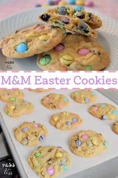 m & m easter cookies on a baking sheet and in a muffin tin with the title overlay