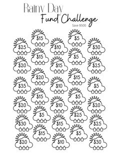 the printable rainy day fund challenge is shown in black and white with numbers on it