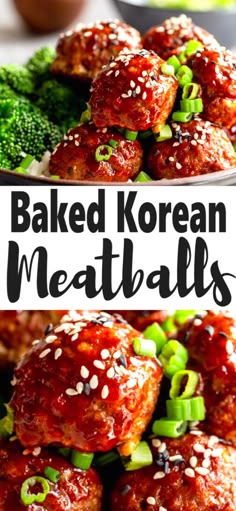 baked korean meatballs on a plate with broccoli