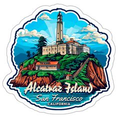 a sticker with the words, alcateta island san francisco california on it