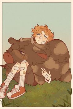 a drawing of a boy laying on the ground next to a bear