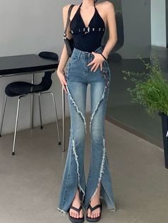 Y2k Slit Raw Edge Strappy Flared High Waist Jeans Fashion Wide Leg Pants, Flared Sleeves Top, Chic Shirts, High Street Fashion, Dress Women Elegant, Xl Fashion, Waist Jeans, Spring Tops, Summer Fashion Outfits