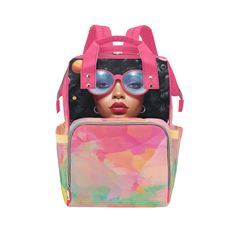 .title { font-size: 18px; } .title1 { font-size: 14px; } .list { background-position: left 10px; } ChicVision Watercolor Multi-Function Backpack Step out in style and functionality with our ChicVision Watercolor Multi-Function Backpack, featuring a striking image of a melanin queen sporting chic pink glasses. Designed for durability and fashion-forward flair, this backpack boasts a spacious main compartment and multiple interior pockets for convenient organization. Whether you're packing food, clothes, water bottles, diapers, or books, our backpack has you covered. 【Type】Made from waterproof nylon, 10.83"(L) x 6.69"(W) x 15"(H) x 3.1"(Hand Drop). 【Product description】24.34 Oz. Made from 100% polyester, durable and fashionable. Large capacity. One main compartment and some seperate pockets Trendy Summer Backpack For Daily Use, Trendy Backpack For Outdoor Activities, Multicolor On-the-go Backpack For Back To School, Playful Pink Softback Bag, Fun Multicolor Bags For Outdoor Activities, Playful Pink Backpack With Zipper Closure, Summer Rectangular Backpack For Daily Use, Playful Travel Backpack, Fun Travel Backpack With Zipper Closure