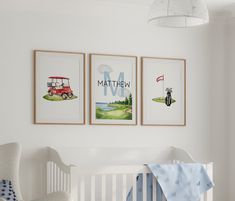 a baby's room with three pictures hanging on the wall