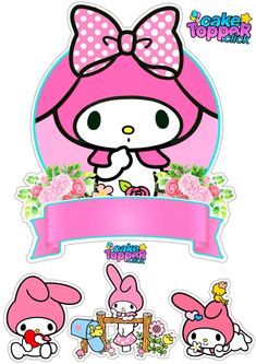 an image of hello kitty with flowers and bunnies on her head in front of a banner