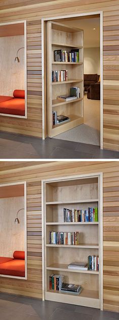 two pictures of the inside of a book shelf