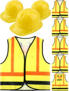 yellow safety vests and hard hats are shown in different views, including the top one with