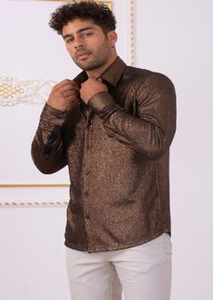 Limited edition- One of a kind A modern shirt with an unexpected edge. This brown metallic brocade shirt from Mondo is embellished with shine texture fabric detailed. Looking sharp Your style status can’t be messed with, and this shirt from Mondo makes that clear. A new and versatile wardrobe staple, great for under the blazer for dinner, party and special occasion night A tailored, modern cut and cotton fabric makes for a flattering shirt. Paired with a coordinating pant you'll have an elevated Brocade Shirt, Texture Fabric, Versatile Wardrobe, Custom Buttons, Buy 1 Get 1, Wardrobe Staples, Dinner Party, Nice Dresses, Special Occasion