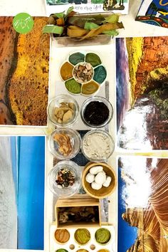 an assortment of food items displayed in bowls