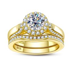 a yellow gold wedding ring set with a round diamond center surrounded by small white diamonds