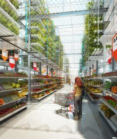 an artist's rendering of a woman shopping in a grocery store with produce on shelves