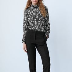 Zara Chiffon Long Sleeve Blouse. Black And White Floral High Neck Blouse, Features Back Neck Buttons. Ruching On The Sleeve Cuffs. Brand New With Tags! Measurements 23” Long 26” Sleeve 18” Pit To Pit Chic Sheer Sleeve Blouse For Work, Fall Evening Viscose Blouse, Chic Blouse With Sheer Sleeves For Office, Classic Fall Blouse With Sheer Sleeves, Feminine Blouse With Sheer Sleeves For Work, Elegant Viscose Blouse For Business Casual, Chic Viscose Tops For Workwear, Chic Office Top With Sheer Sleeves, Chic Formal Viscose Blouse