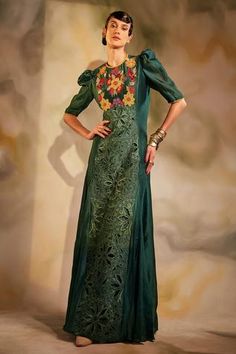 Shop for Chandrima Green Chanderi Cutwork Gown for Women Online at Aza Fashions Maxi Dress Indian, Emerald Gown, Cutwork Dress, Green Cotton Dress, Stone Embroidery, Green Wrap Dress, Designer Maxi Dress, Gown For Women, Cowl Dress