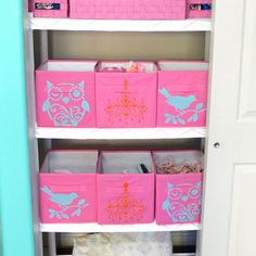 the closet is filled with pink and blue bins for storage, along with other items