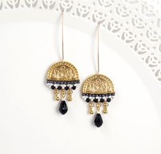 "These Boho gold earrings are long, dainty, dangly, and delicate, perfect as an elegant fashionable statement! Made by hand, from gold plated castings, Swarovski 3mm beads, Swarovski drop, Miyuki round seed beads, and goldfilled 14k ear-wire Wear these Statement beaded earrings with your hair up or down, with a casual boho flowy maxi dress or with a sophisticated modern evening outfit. They will always help you shine and dazzle. Measurements: Earring length: 2.75\" (7cm) Earring width: 0.78\" (2 Gold Beads Brass Dangle Earrings, Brass Dangle Earrings With Gold Beads, Gold Beaded Drop Earrings, Gold Dangling Bead Drop Earrings, Gold Beaded Dangle Earrings For Festive Occasions, Gold Drop Earrings With Dangling Beads, Bohemian Gold Danglers For Parties, Festive Gold Beaded Danglers, Gold Bohemian Party Danglers