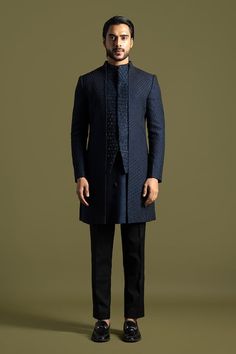 Midnight blue full sleeves achkan with geometric helix cut dana embroidery and honeycomb embellishments on the centre panel. Paired with an inner kurta and trouser. - Aza Fashions Trouser Pattern, Cocktail Reception, Silk Embroidery, Full Sleeves, Mandarin Collar, Helix, Aza Fashion, Full Sleeve, Midnight Blue