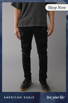 AirFlex+/Authentic denim look with lightweight flexibility and comfort you have to feel to believe./High stretch level that keeps its shape/Black wash/Ripped Black Stretch Jeans With Zip Fly, Black Denim Jeans With Zipper Closure, Fitted Black Jeans With Zip Fly, Urban Fitted Jeans With Zipper Closure, Fitted Urban Jeans With Zipper Closure, Stretch Jeans With Zip Fly For Streetwear, Black Jeans With Zip Fly For Fall, Fall Relaxed Fit Jeans With Zipper Closure, Fall Relaxed Fit Jeans With Zipper