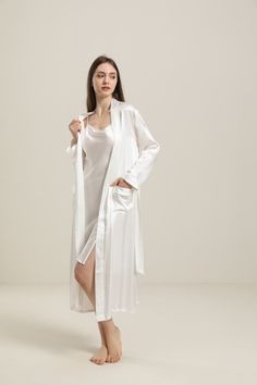 100% Mulberry Silk Breathable & Lightweight Lightweight & Comfortable Type: One Piece Pure Silk Long Women Robe(ONLY ROBE)Material: 100% 19 MM Luxury Mulberry Silk. Features: Satin, wear-resistant and stylish. Model Wear: S (Height:173cm / Bust: 82cm / Waist: 59cm / Hips: 89cm).Details: Daisysilk’s pajamas/loungewear/robe will make lazy Sunday mornings a little bit more luxurious. Cut from pure mulberry silk, this two-piece has a camp collar and one patch pocket traced with traditional piping, a Women Silk Robe, Wedding Party Robes, Silk Shirt Blouses, How To Wash Silk, Silk Robe Long, Robe For Women, Women Robe, Silk Socks, Women's Robe