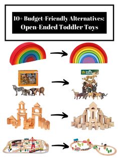 an image of wooden toys with the words 10 budget friendly alternatives open ended toddler toys