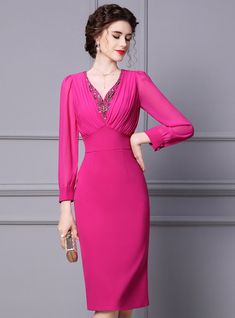 For those seeking a blend of elegance and vibrant style, this stunning fuchsia dress is an exceptional choice. The dress features a tailored silhouette that gracefully hugs your curves, highlighting your natural figure. The bodice is designed with intricate pleating that converges at the V-neckline, adorned with exquisite beadwork, adding a touch of glamour and sophistication. The long sleeves are slightly puffed at the shoulders and cinched at the cuffs, giving a classic yet modern look that is Long Sleeve Pencil Dress, Dress With Sheer Sleeves, Dresses For Wedding Guests, 2024 Dresses, Fuchsia Dress, Dresses For Wedding, Wedding Guest Dresses, Cocktail Party Dress, Wedding Guests