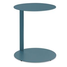 a round blue table with a metal base