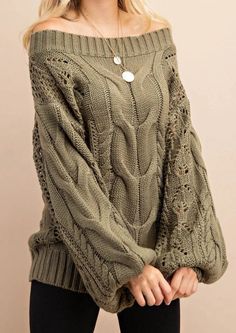 Parker Chunky Cable Knit Sweater (Olive) – Luxe Label Cute Cable Knit Sweaters, Cute Autumn Sweaters, Sweaters With Designs, Green Off The Shoulder Sweater, Oversized Off Shoulder Sweater, Cute Knit Sweaters, Knit Sweaters Pattern, Comfy Sweaters Oversized, Off Shoulder Knit Sweater