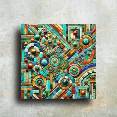 an abstract painting on a wall with many different colors and shapes in the center, including circles