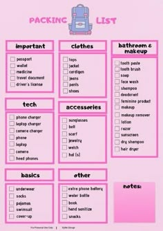 the packing list is shown in pink