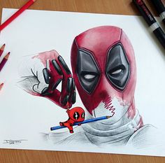 a pencil drawing of deadpool and spider - man