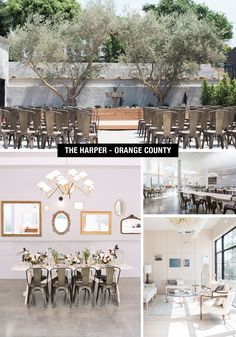 a collage of photos with tables and chairs in the center, an orange county dining room