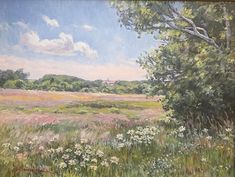 a painting of a field with flowers and trees