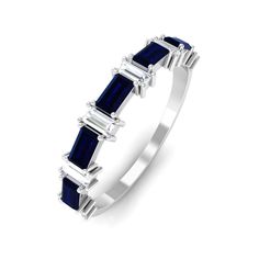 Baguette Cut Created Blue Sapphire and Diamond Half Eternity Ring Lab Created Blue Sapphire - ( AAAA ) - Quality - Rosec Jewels Half Eternity Ring Diamond, Half Eternity Ring, 18k Yellow Gold Ring, Signature Jewelry, Timeless Jewelry, Baguette Cut, Eternity Band, Conflict Free Diamonds, Eternity Bands