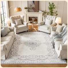 a living room filled with furniture and a rug on top of a hard wood floor