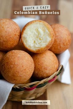 some food is in a basket on a wooden table with the words, quick and easy colombiann buns