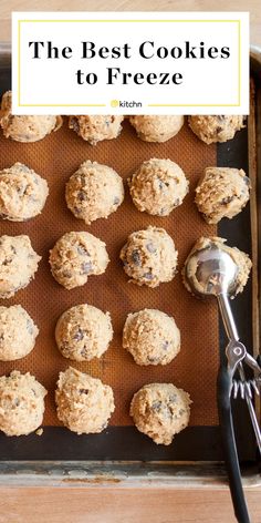 the best cookies to freeze on a baking sheet with a cookie scooper next to it