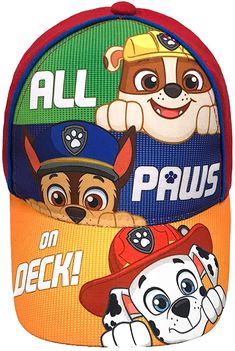 Toddler boy's baseball cap features Chase, Marshall, and Rubble from Nickelodeon's Paw Patrol series. The bright colors and large graphics are sure to please any little Paw Patrol fan. The hook and loop closure makes for easy adjusting to get the perfect fit. In multi. 100% Cotton. Spot clean only. Imported. Multicolor Baseball Cap With Letter Print, Adjustable Themed Multicolor Hats, Multicolor Letter Print Baseball Cap, Adjustable Multicolor Themed Hats, Fun Playtime Baseball Cap, Adjustable Multicolor Hats For Playtime, Multicolor Hats For Playtime, One Size Fits Most, Multicolor Playtime Hat, Adjustable Multicolor Hat For Play