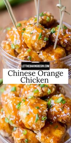 orange chicken with toothpicks in a plastic container