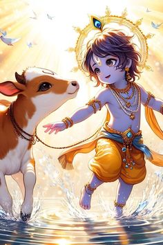 a little boy standing next to a cow on top of a body of water in front of a sun