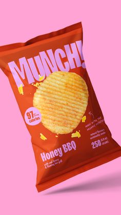 a bag of munch honey bbq potato chips on a pink background with the word,