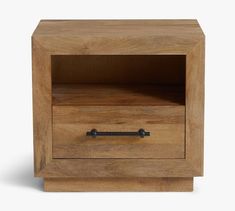 the side table is made from wood and has an open drawer on one side with two handles