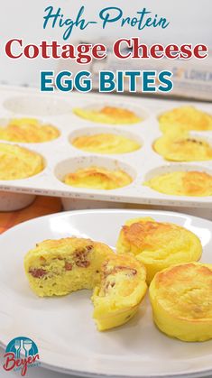 an egg muffin on a plate with the words high protein cottage cheese egg bites