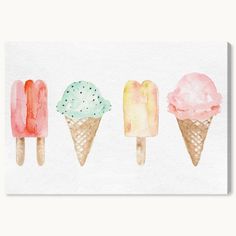 three ice cream cones with different colors and sizes on white background canvas wall art print