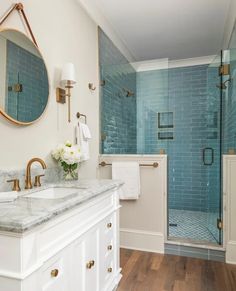 Blue Shower Tile, Beach House Bathroom, Shower Wall Tile, Shower Fixtures, Blue Tile