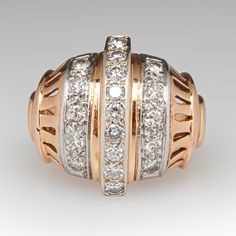 This vintage circa 1940s 14K rose gold ring is accented with nineteen (19) round brilliant cut diamonds bead set into platinum settings. The shoulders of the ring features a pierced design. The ring measures 18.8mm at the top, rises 6.8mm above the finger, tapering to 3.0mm wide and 0.8mm thick at the base of the shank. It is currently a size 5.75 nd has a beautiful unpolished patina. Three of the diamonds are lightly chipped. Vintage Rose Gold Diamond Jewelry, Vintage 14k Rose Gold Diamond Ring, Vintage Rose Gold Rings With Single Cut Diamonds, Vintage Rose Gold Jewelry With Diamond Accents, Vintage Rose Gold Diamond Anniversary Ring, Vintage Rose Gold Diamond Ring, Vintage Jewelry With Pave Setting For Formal Occasions, Rose Gold Art Deco Diamond Ring, Vintage Rose Gold Rings With Prong Setting