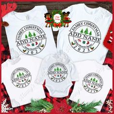 three shirts with christmas designs on them and the words, add name to each shirt